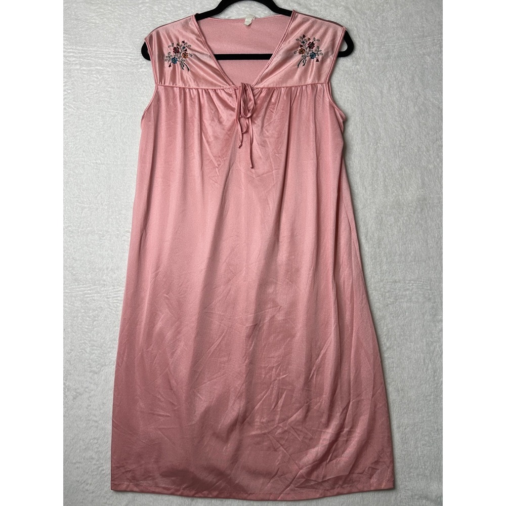 Vintage Nightgown Womens Pink Floral Embroidered Sleeveless V-Neck 0807
